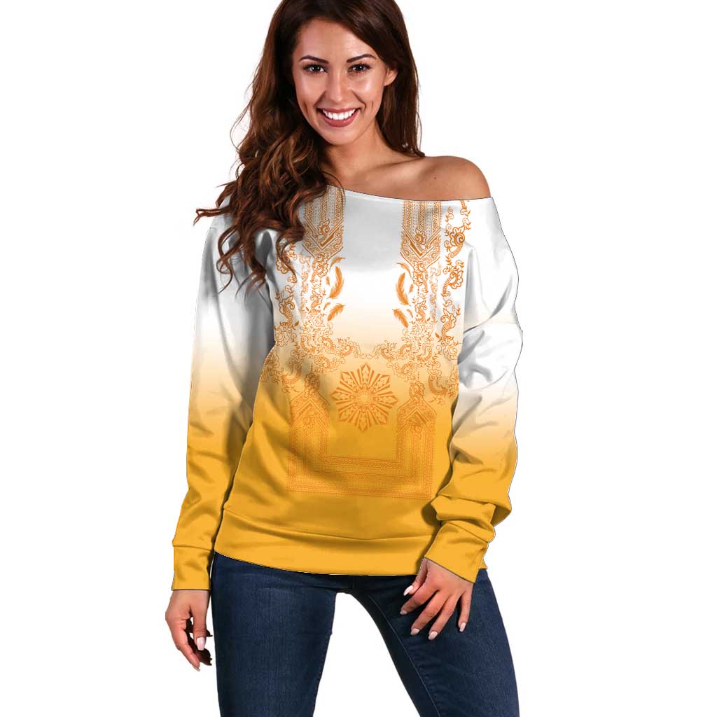 Philippines Barong Style Off Shoulder Sweater with Polynesian Art and Leaf Motif Yellow Color