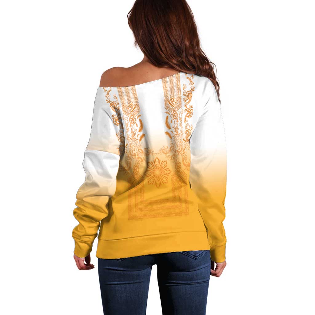 Philippines Barong Style Off Shoulder Sweater with Polynesian Art and Leaf Motif Yellow Color