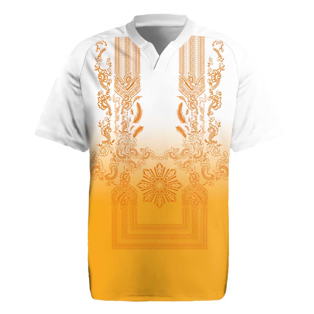 Philippines Barong Style Rugby Jersey with Polynesian Art and Leaf Motif Yellow Color