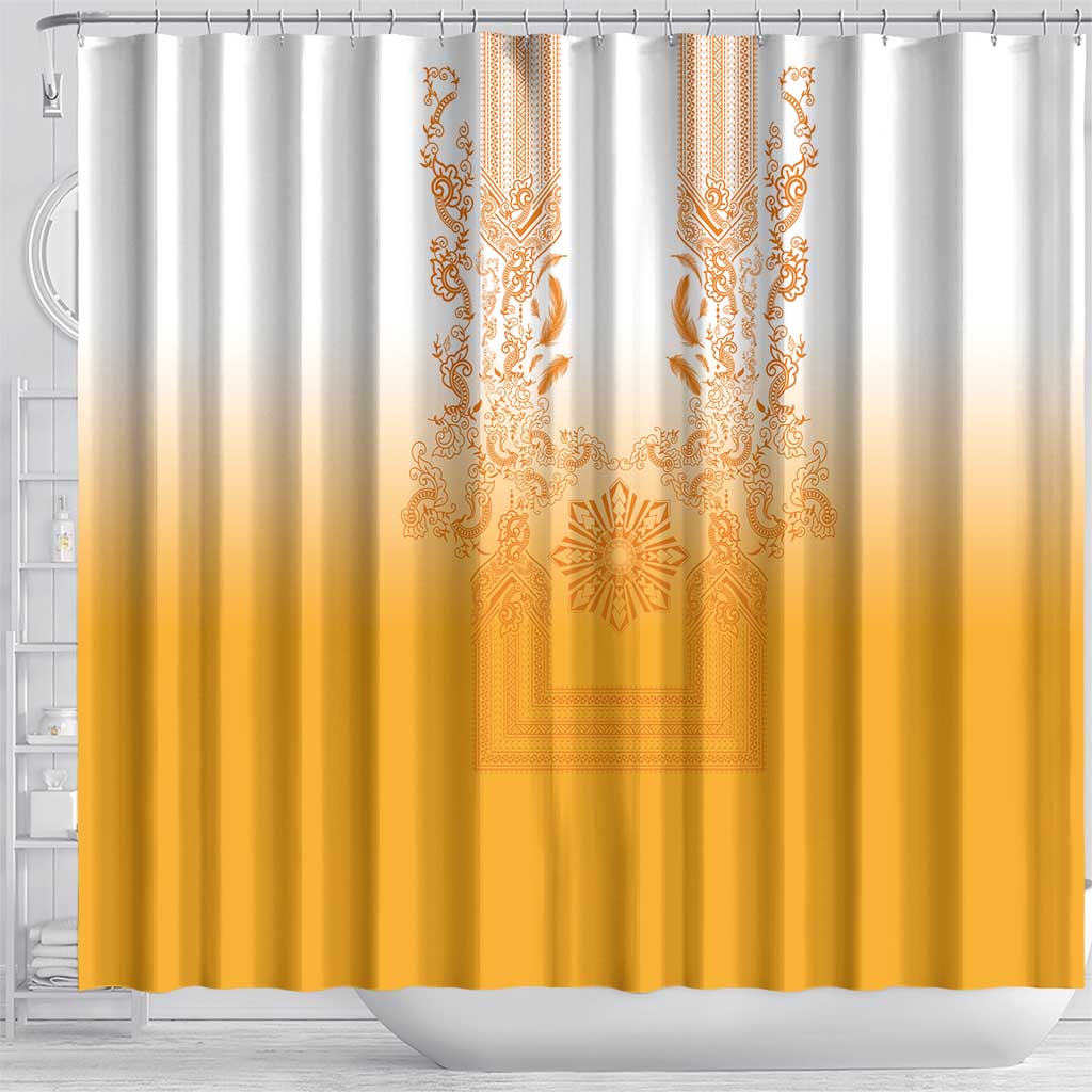 Philippines Barong Style Shower Curtain with Polynesian Art and Leaf Motif Yellow Color