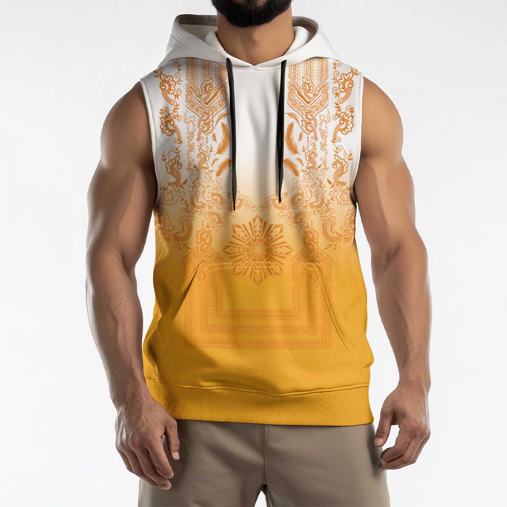 Philippines Barong Style Sleeveless Hoodie with Polynesian Art and Leaf Motif Yellow Color
