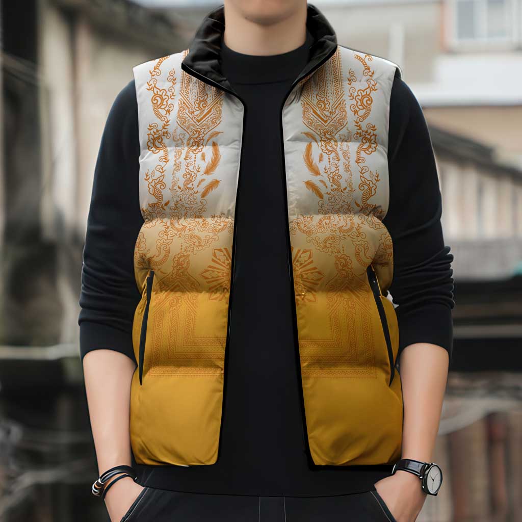 Philippines Barong Style Sleeveless Puffer Jacket with Polynesian Art and Leaf Motif Yellow Color
