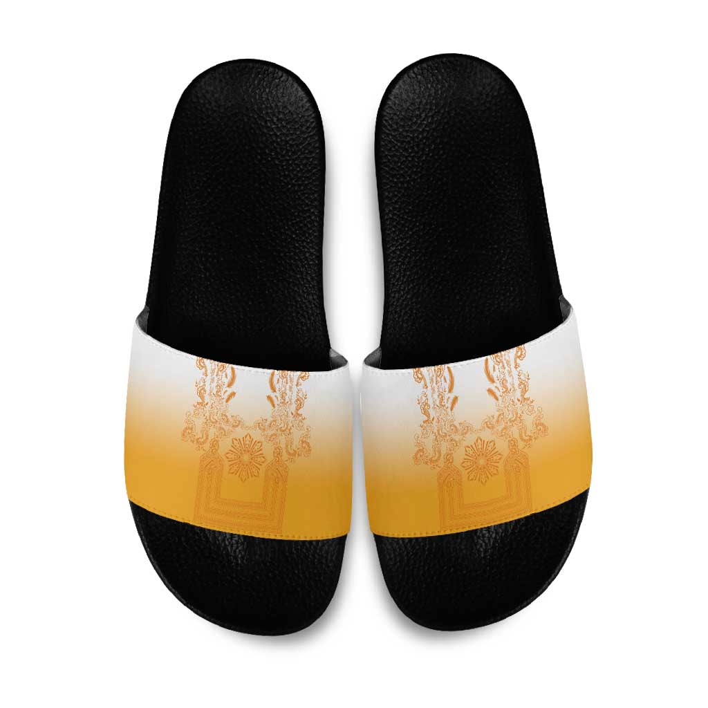 Philippines Barong Style Slide Sandals with Polynesian Art and Leaf Motif Yellow Color