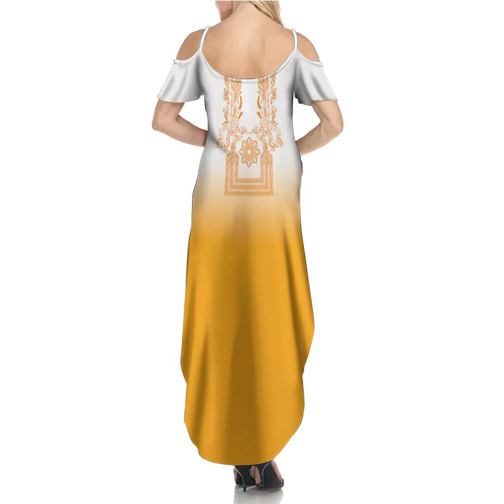 Philippines Barong Style Summer Maxi Dress with Polynesian Art and Leaf Motif Yellow Color