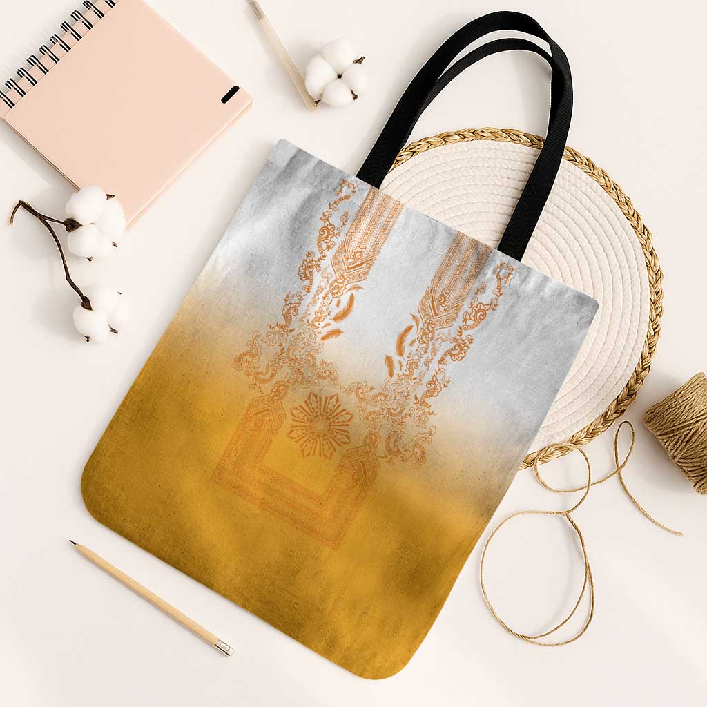 Philippines Barong Style Tote Bag with Polynesian Art and Leaf Motif Yellow Color
