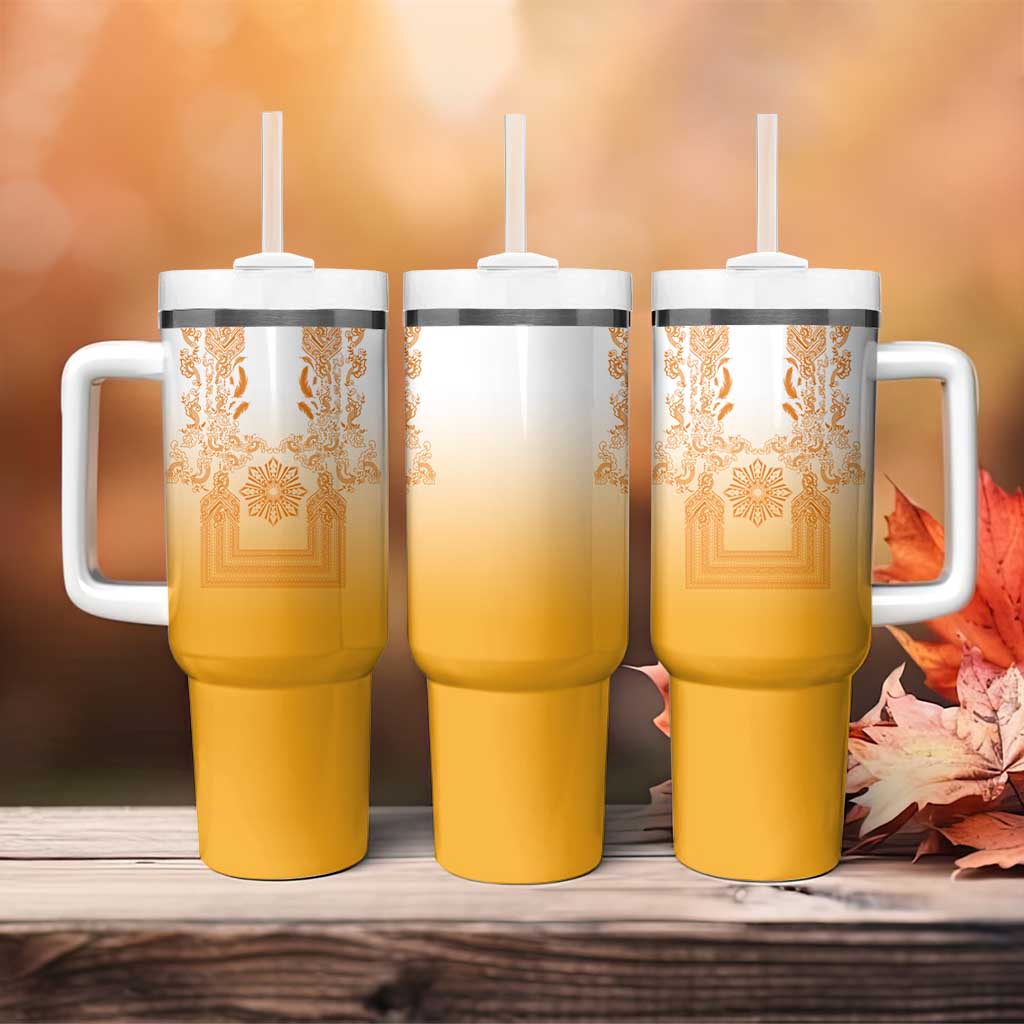 Philippines Barong Style Tumbler With Handle with Polynesian Art and Leaf Motif Yellow Color
