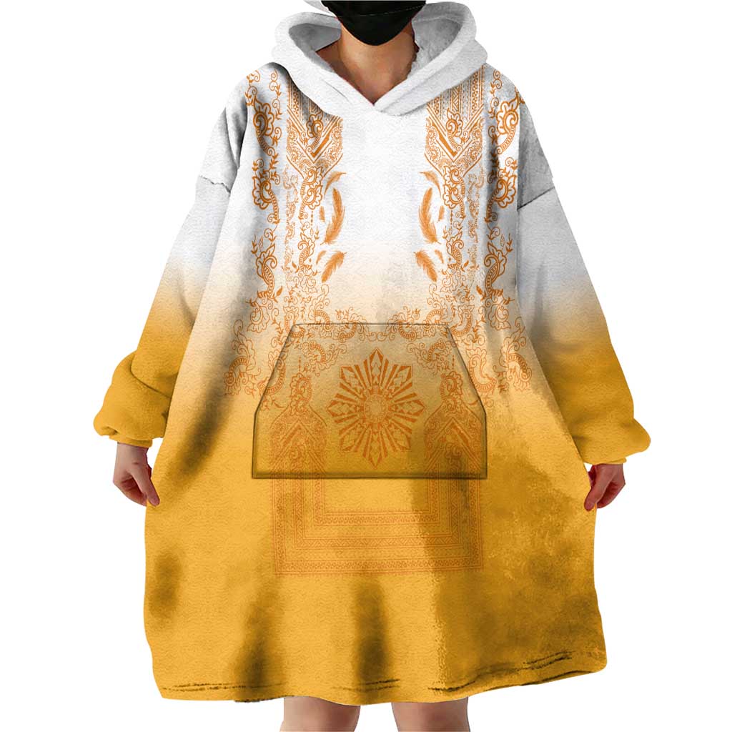 Philippines Barong Style Wearable Blanket Hoodie with Polynesian Art and Leaf Motif Yellow Color