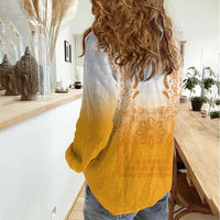 Philippines Barong Style Women Casual Shirt with Polynesian Art and Leaf Motif Yellow Color