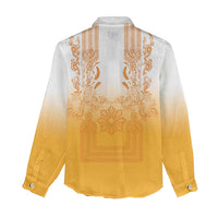 Philippines Barong Style Women Casual Shirt with Polynesian Art and Leaf Motif Yellow Color