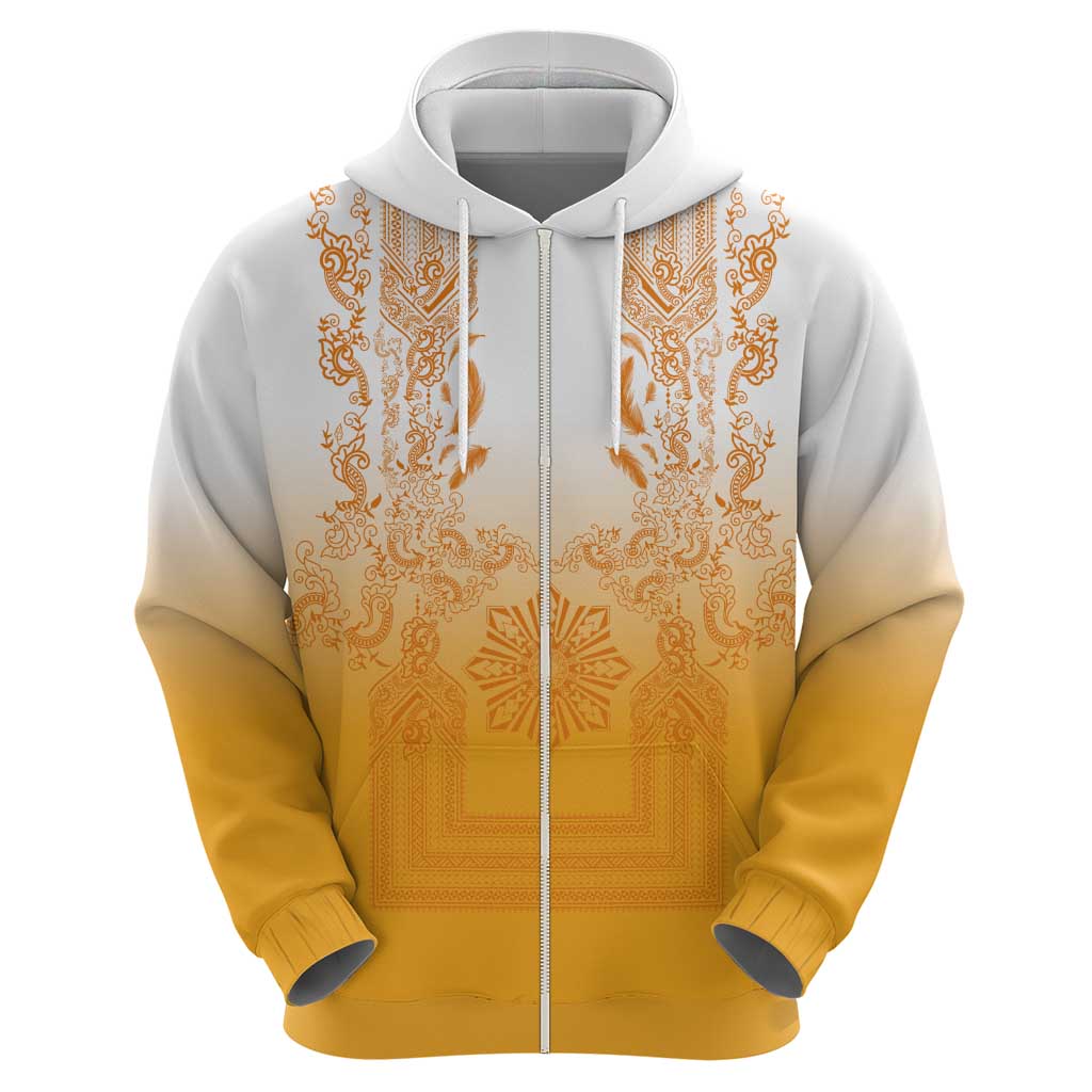 Philippines Barong Style Zip Hoodie with Polynesian Art and Leaf Motif Yellow Color