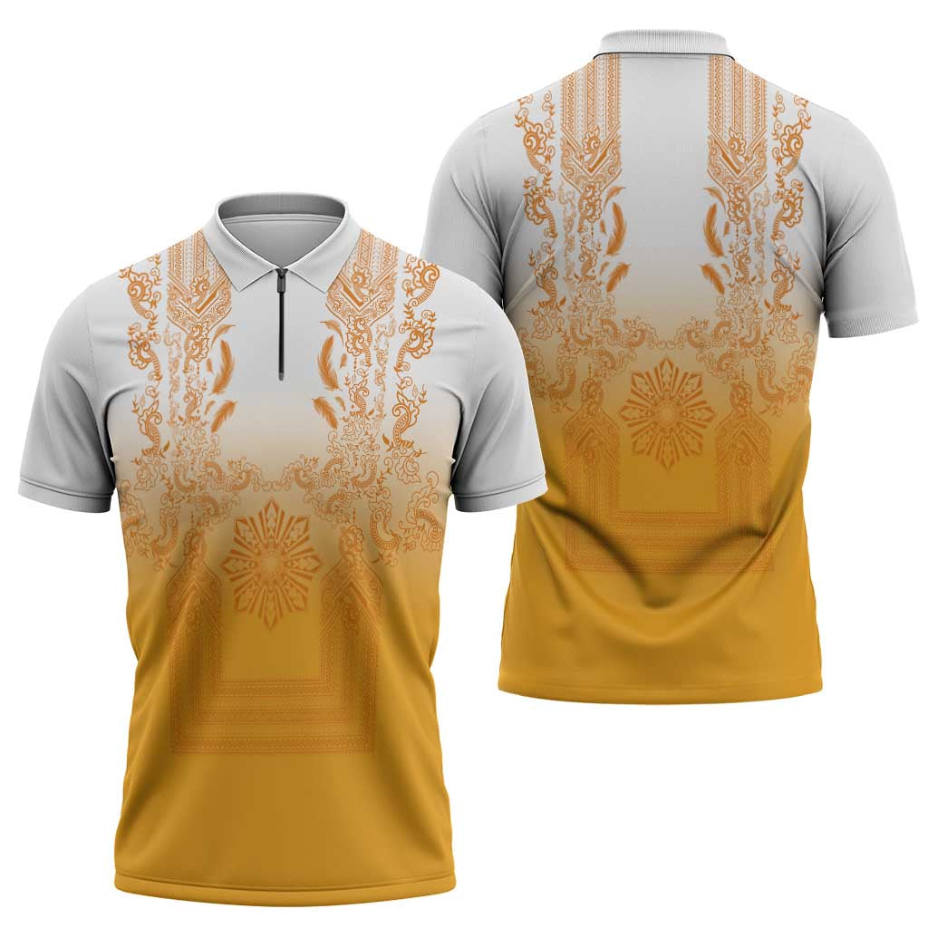 Philippines Barong Style Zipper Polo Shirt with Polynesian Art and Leaf Motif Yellow Color