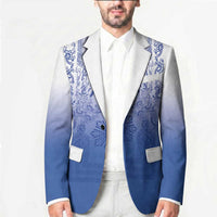 Philippines Barong Style Blazer with Polynesian Art and Leaf Motif Blue Color