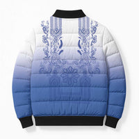Philippines Barong Style Bomber Puffer Jacket with Polynesian Art and Leaf Motif Blue Color
