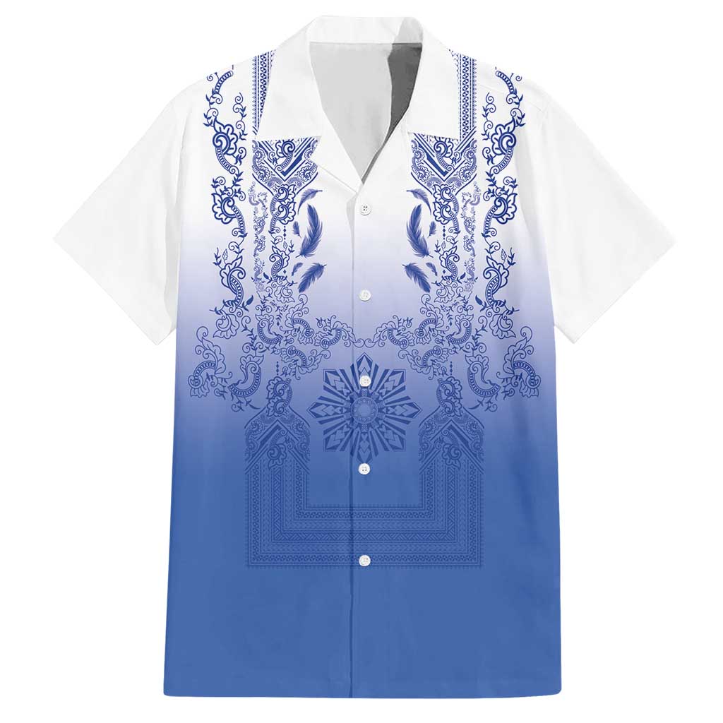 Philippines Barong Style Hawaiian Shirt with Polynesian Art and Leaf Motif Blue Color