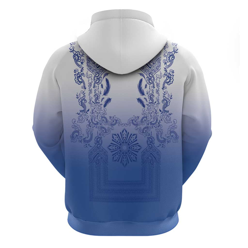 Philippines Barong Style Hoodie with Polynesian Art and Leaf Motif Blue Color