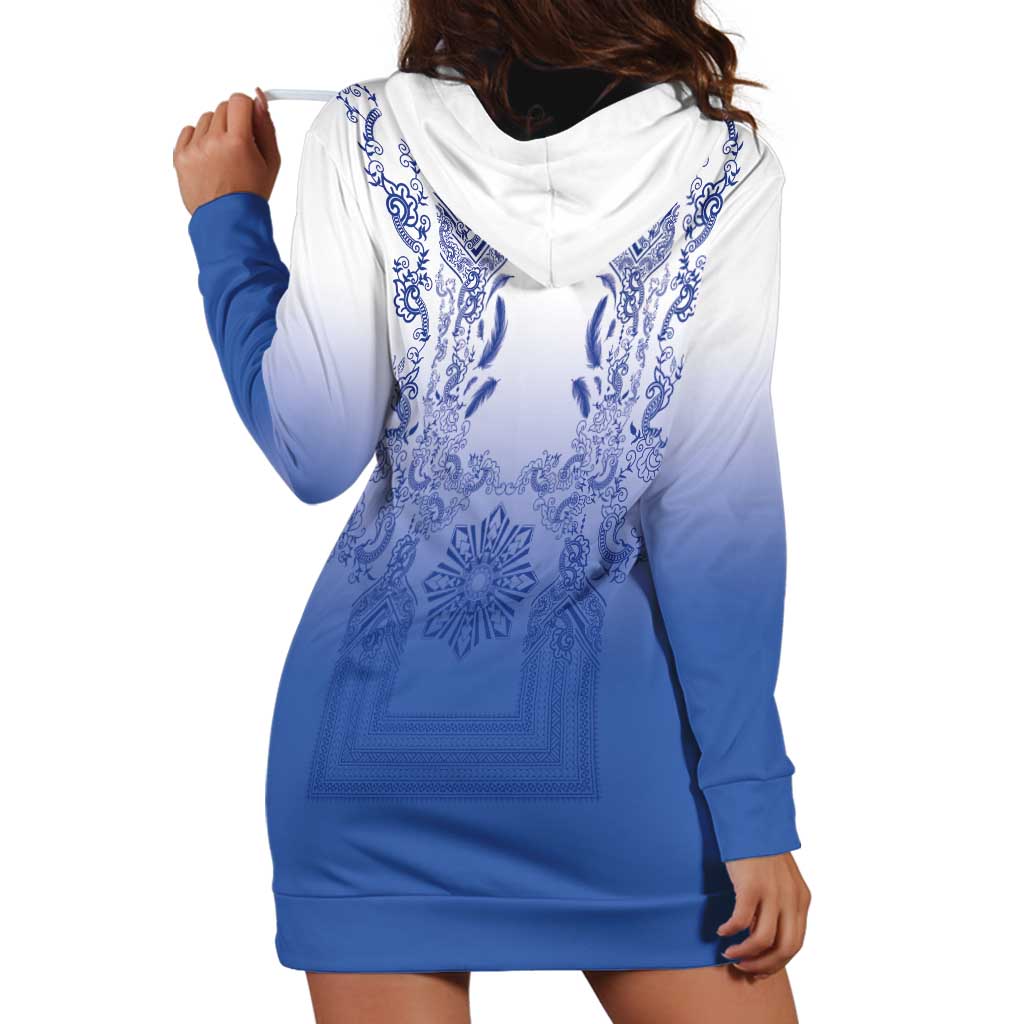Philippines Barong Style Hoodie Dress with Polynesian Art and Leaf Motif Blue Color
