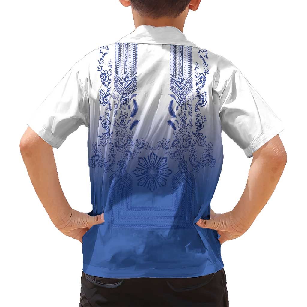 Philippines Barong Style Kid Hawaiian Shirt with Polynesian Art and Leaf Motif Blue Color
