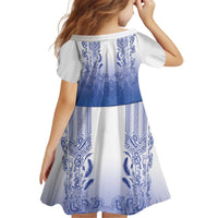 Philippines Barong Style Kid Short Sleeve Dress with Polynesian Art and Leaf Motif Blue Color