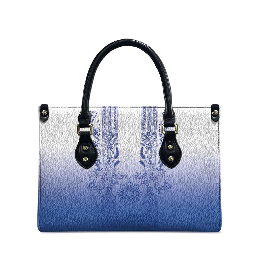 Philippines Barong Style Leather Bag with Polynesian Art and Leaf Motif Blue Color