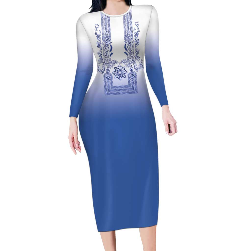 Philippines Barong Style Mermaid Dress with Polynesian Art and Leaf Motif Blue Color