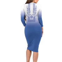 Philippines Barong Style Long Sleeve Bodycon Dress with Polynesian Art and Leaf Motif Blue Color