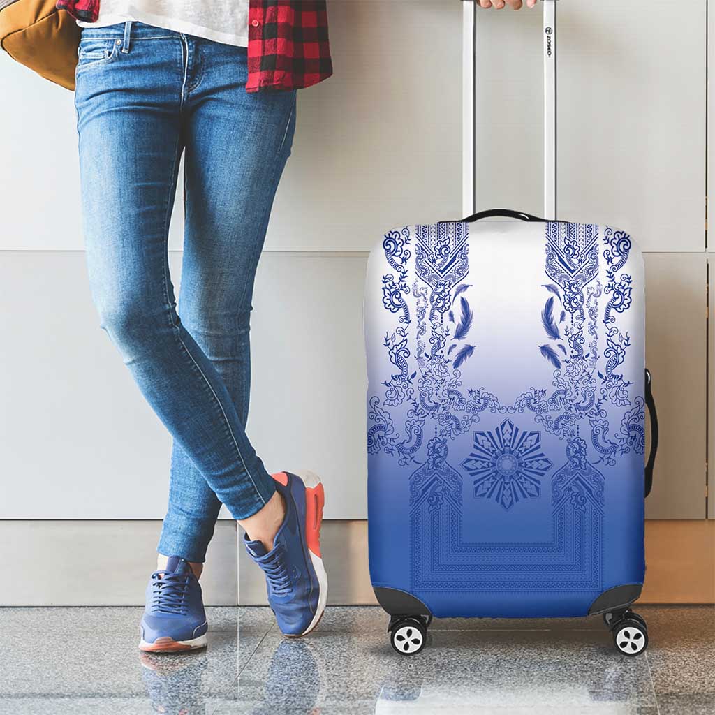 Philippines Barong Style Luggage Cover with Polynesian Art and Leaf Motif Blue Color