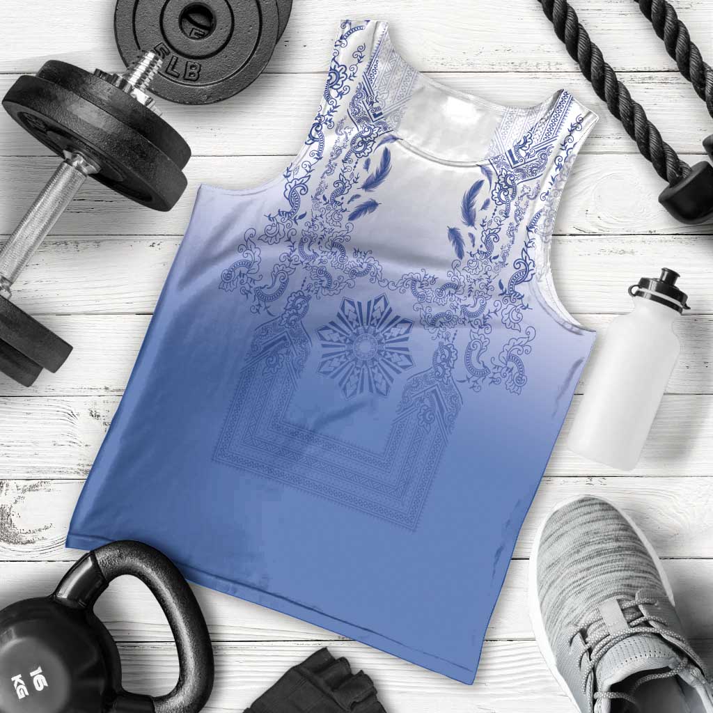 Philippines Barong Style Men Tank Top with Polynesian Art and Leaf Motif Blue Color