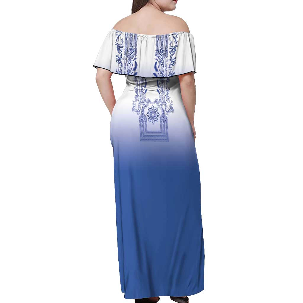 Philippines Barong Style Off Shoulder Maxi Dress with Polynesian Art and Leaf Motif Blue Color