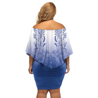 Philippines Barong Style Off Shoulder Short Dress with Polynesian Art and Leaf Motif Blue Color