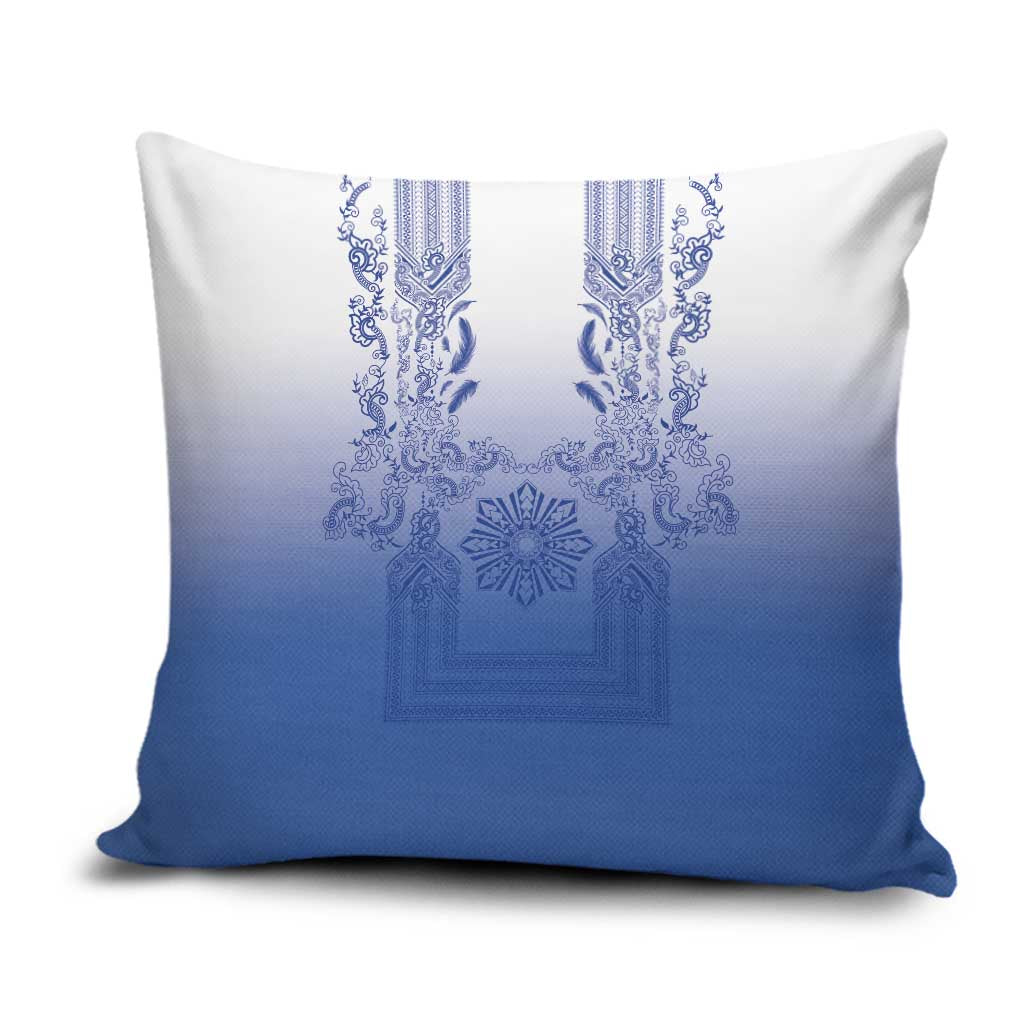 Philippines Barong Style Pillow Cover with Polynesian Art and Leaf Motif Blue Color