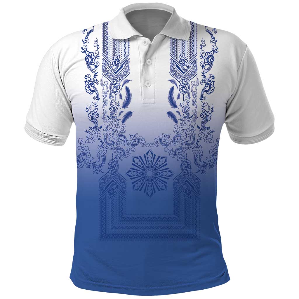 Philippines Barong Style Polo Shirt with Polynesian Art and Leaf Motif Blue Color