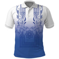 Philippines Barong Style Polo Shirt with Polynesian Art and Leaf Motif Blue Color