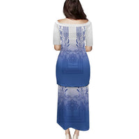 Philippines Barong Style Puletasi with Polynesian Art and Leaf Motif Blue Color