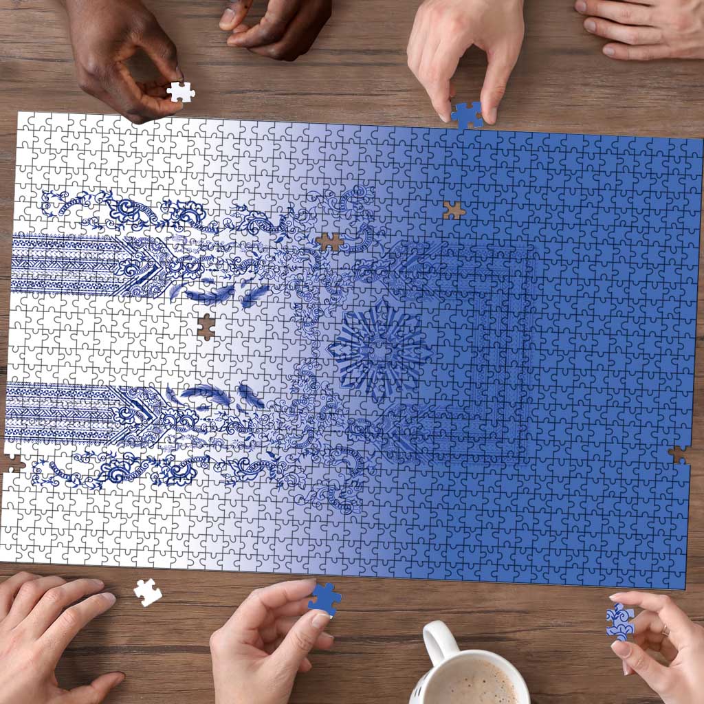 Philippines Barong Style Puzzle with Polynesian Art and Leaf Motif Blue Color