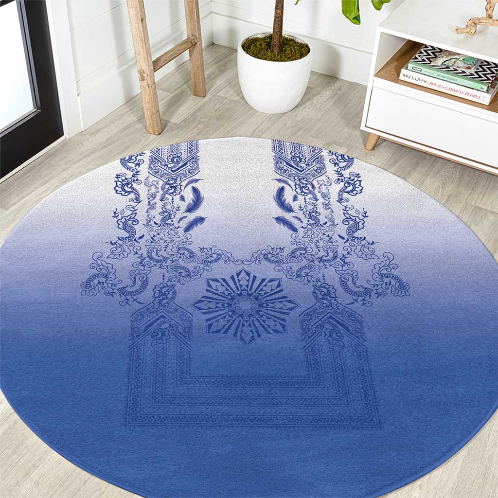 Philippines Barong Style Round Carpet with Polynesian Art and Leaf Motif Blue Color