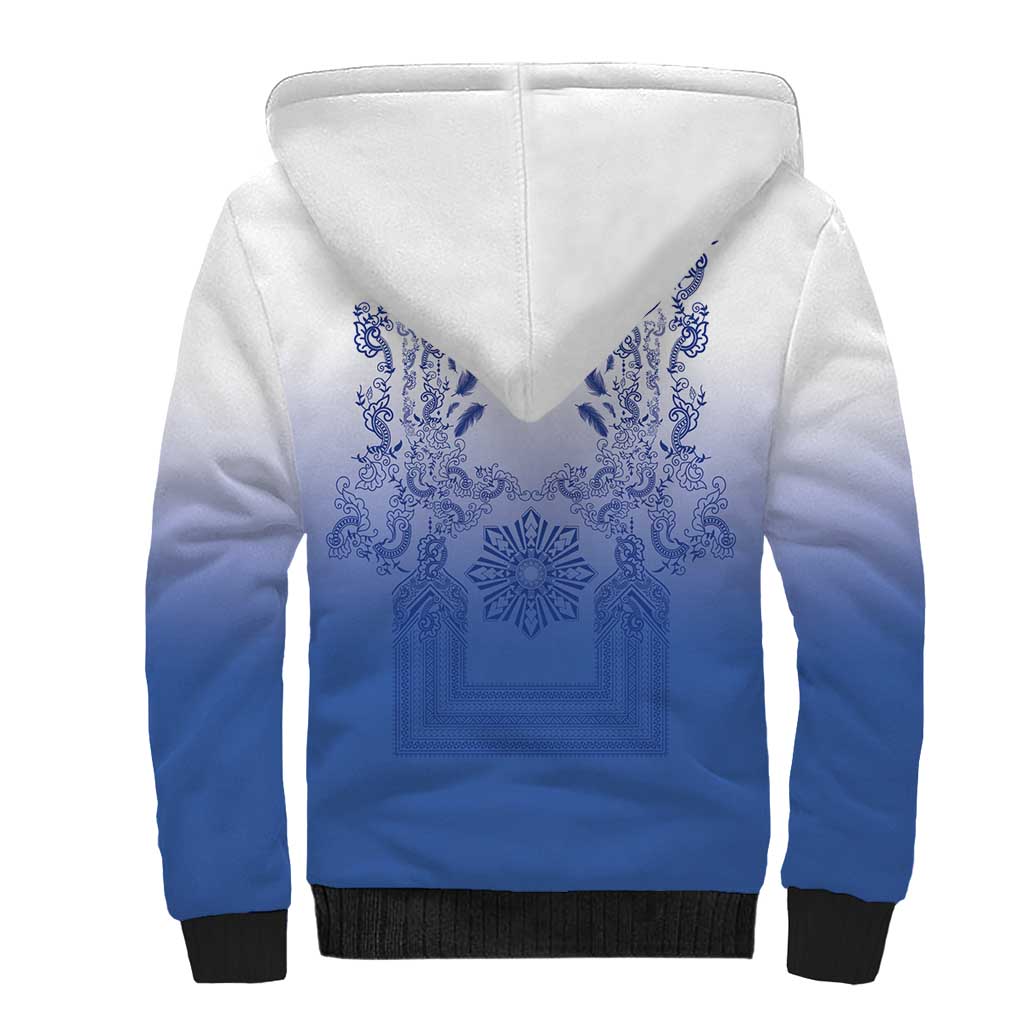 Philippines Barong Style Sherpa Hoodie with Polynesian Art and Leaf Motif Blue Color