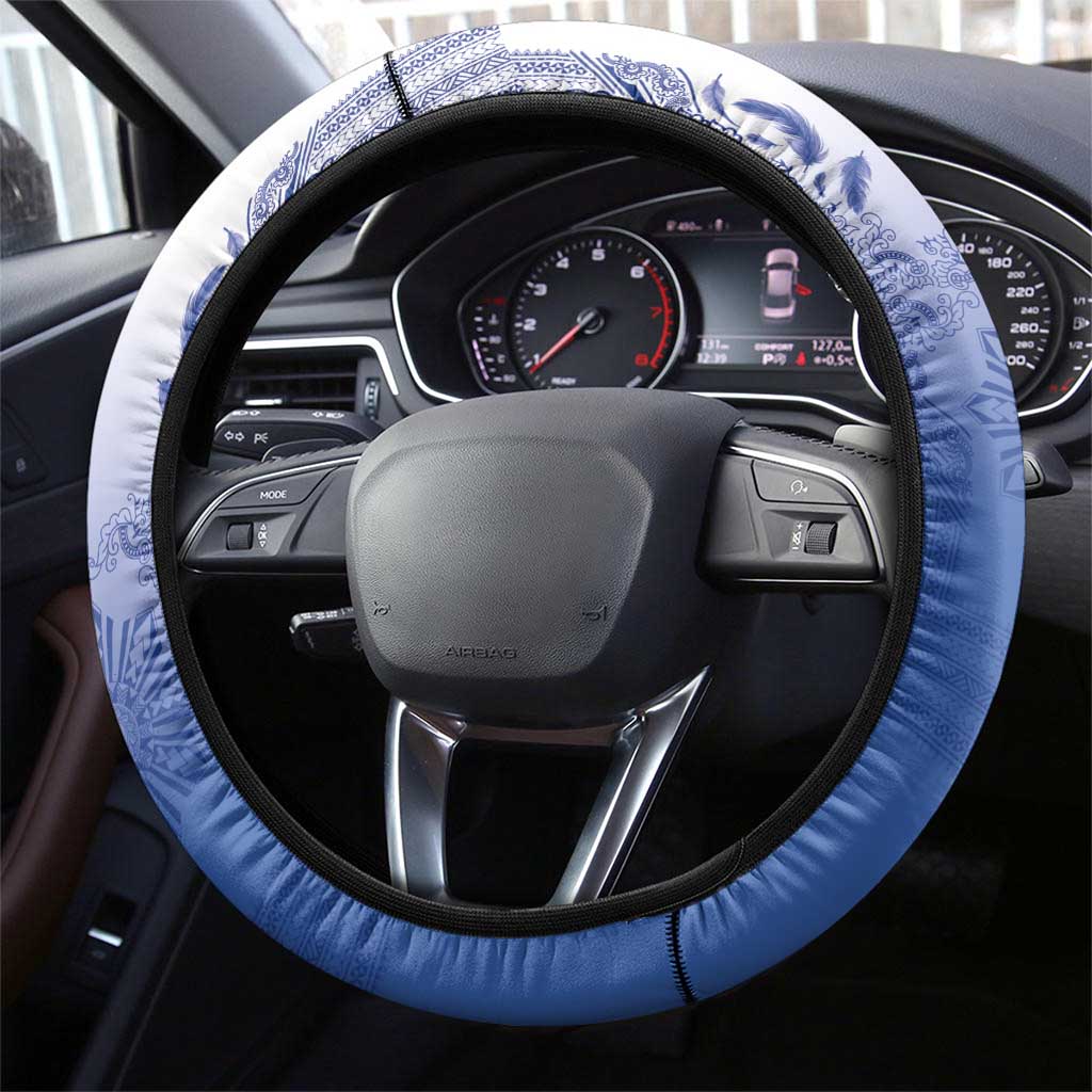 Philippines Barong Style Steering Wheel Cover with Polynesian Art and Leaf Motif Blue Color