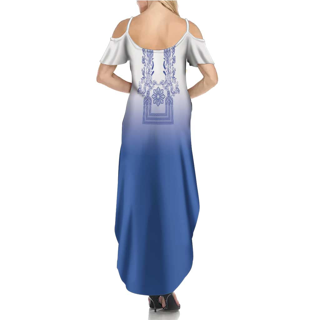 Philippines Barong Style Summer Maxi Dress with Polynesian Art and Leaf Motif Blue Color