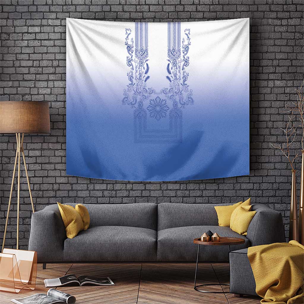 Philippines Barong Style Tapestry with Polynesian Art and Leaf Motif Blue Color