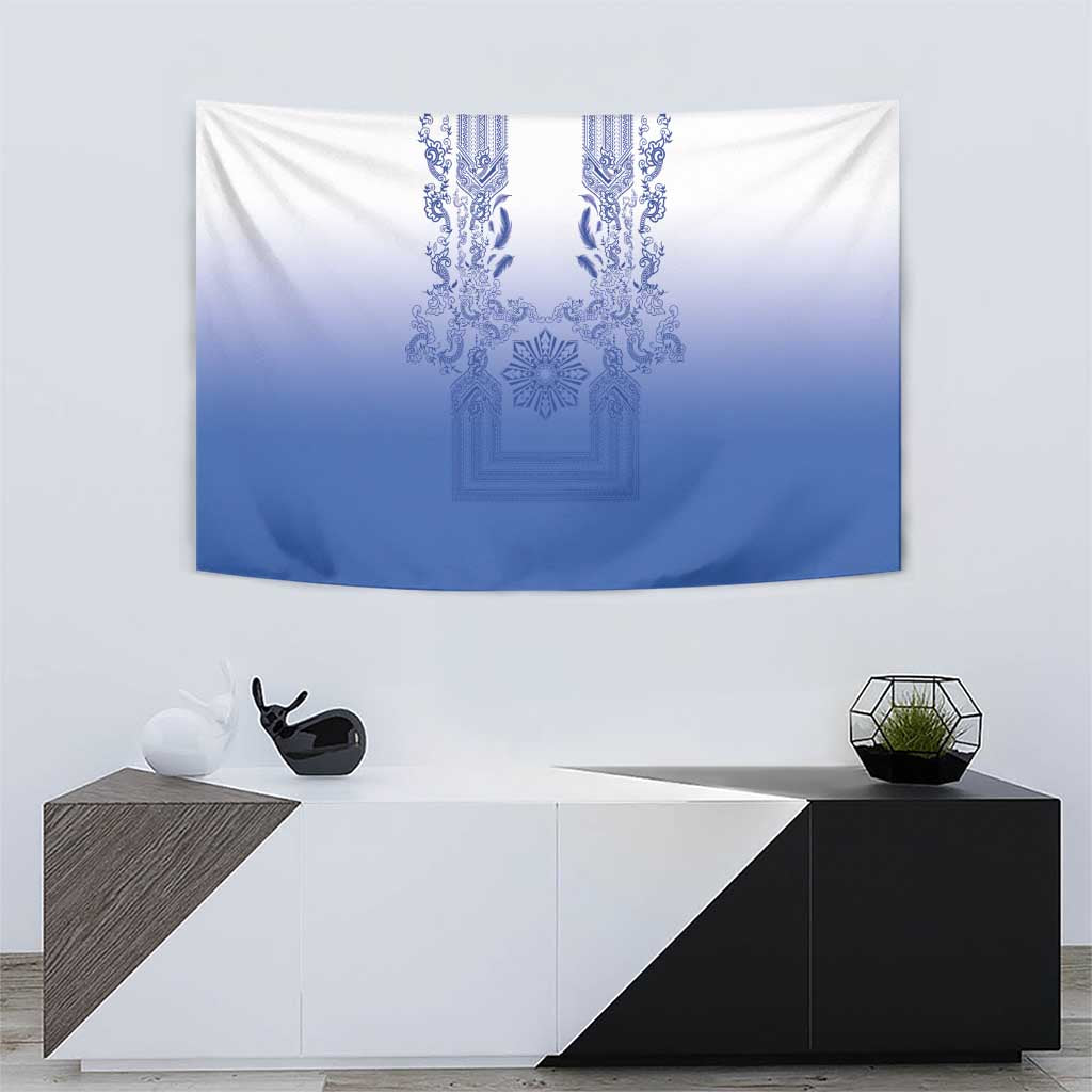 Philippines Barong Style Tapestry with Polynesian Art and Leaf Motif Blue Color