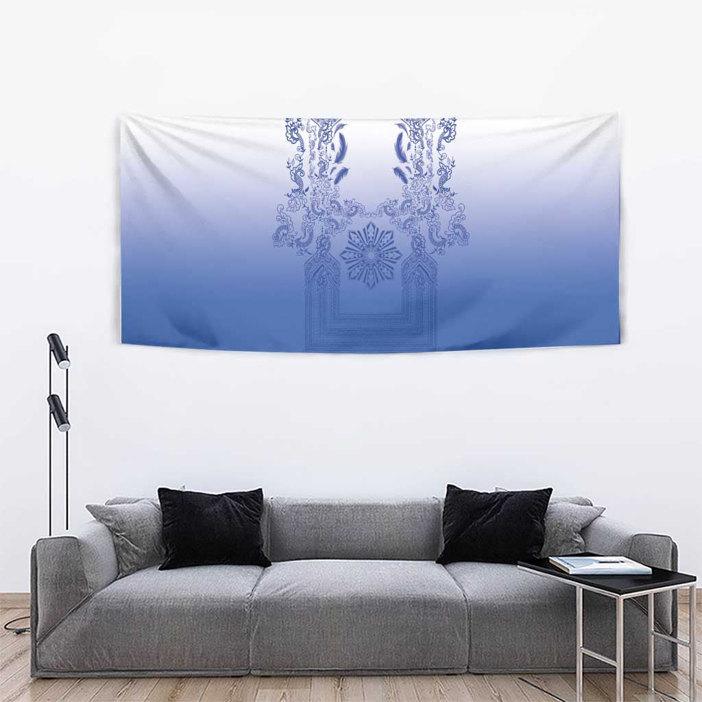 Philippines Barong Style Tapestry with Polynesian Art and Leaf Motif Blue Color