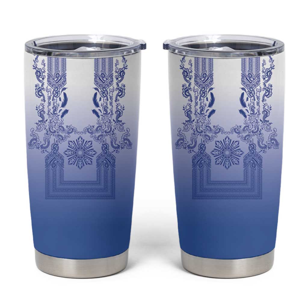 Philippines Barong Style Tumbler Cup with Polynesian Art and Leaf Motif Blue Color