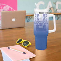 Philippines Barong Style Tumbler With Handle with Polynesian Art and Leaf Motif Blue Color