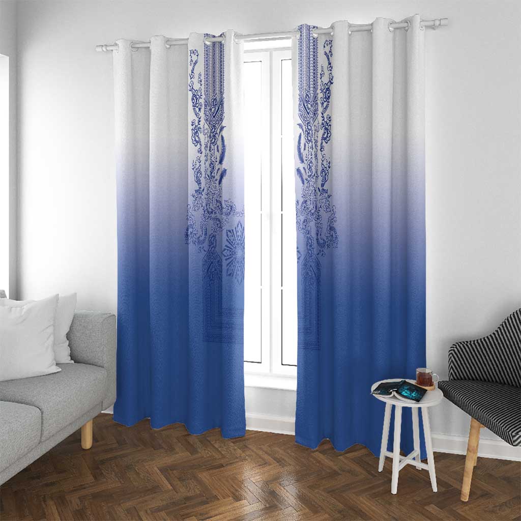 Philippines Barong Style Window Curtain with Polynesian Art and Leaf Motif Blue Color