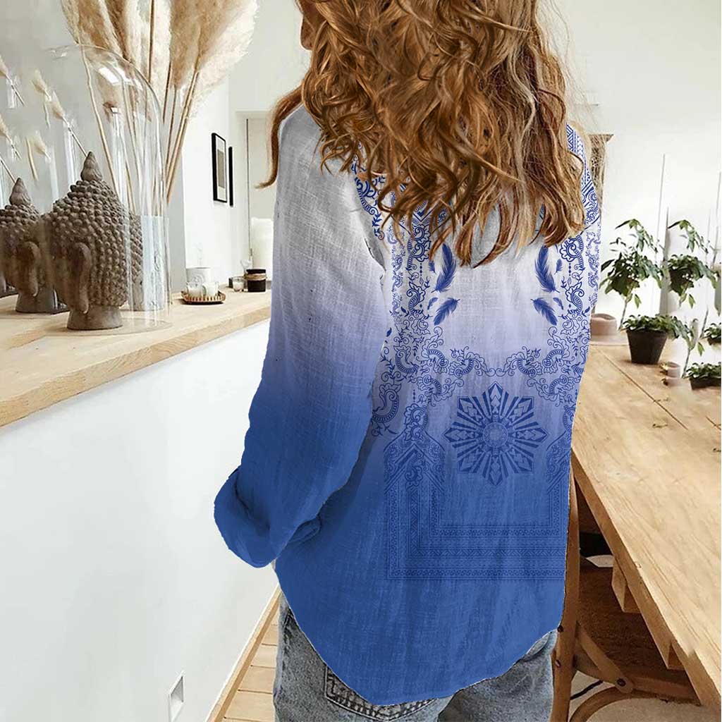 Philippines Barong Style Women Casual Shirt with Polynesian Art and Leaf Motif Blue Color