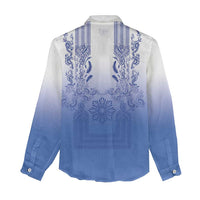 Philippines Barong Style Women Casual Shirt with Polynesian Art and Leaf Motif Blue Color