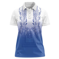 Philippines Barong Style Women Polo Shirt with Polynesian Art and Leaf Motif Blue Color