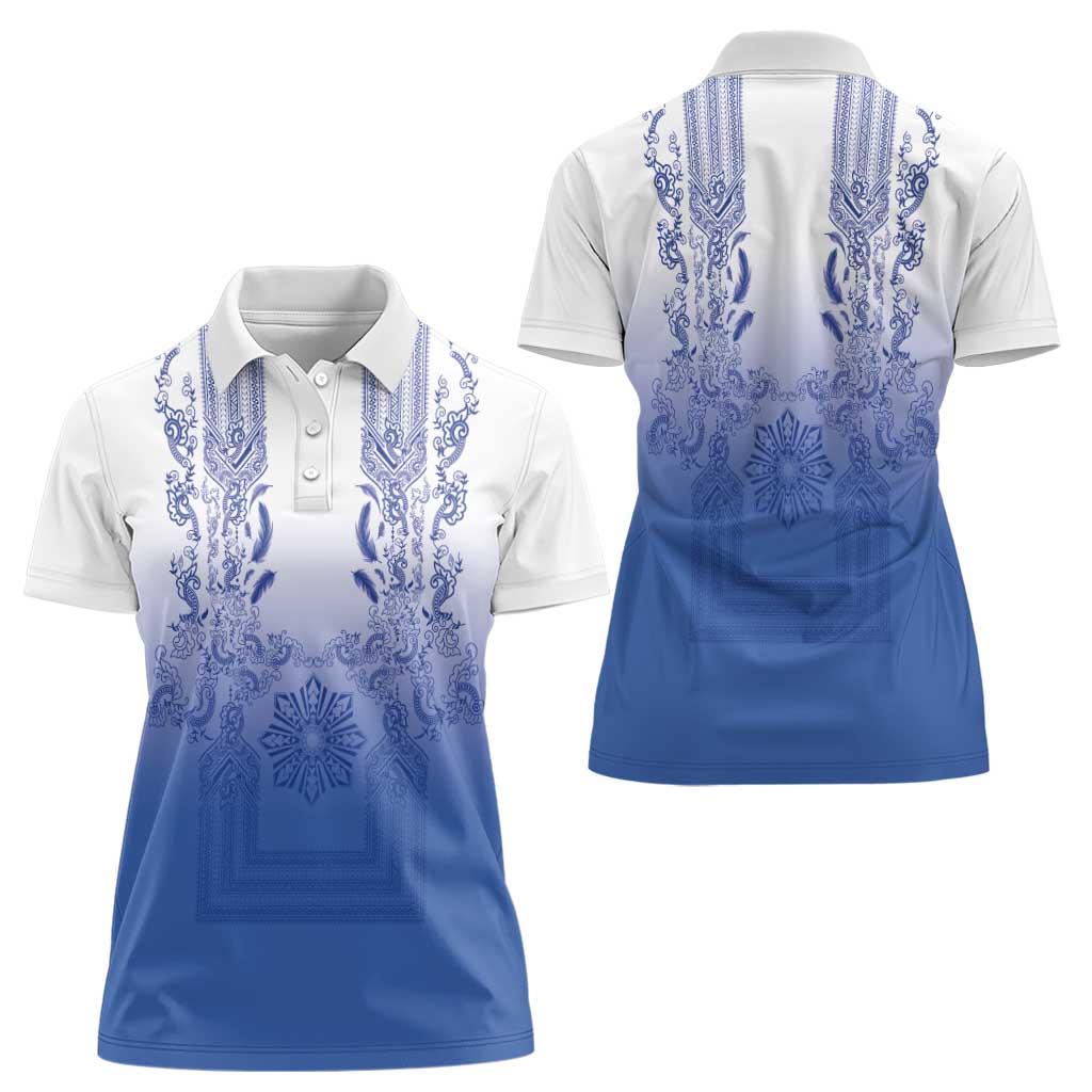 Philippines Barong Style Women Polo Shirt with Polynesian Art and Leaf Motif Blue Color