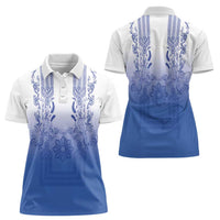 Philippines Barong Style Women Polo Shirt with Polynesian Art and Leaf Motif Blue Color