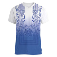Philippines Barong Style Women V-Neck T-Shirt with Polynesian Art and Leaf Motif Blue Color